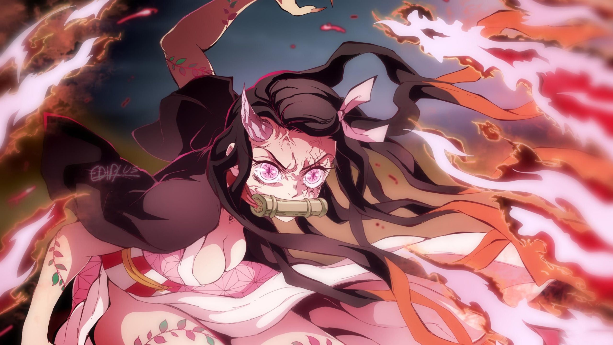Ảnh anime Nezuko với vẻ mặt đầy phẫn nộ, sẵn sàng lao vào trận chiến