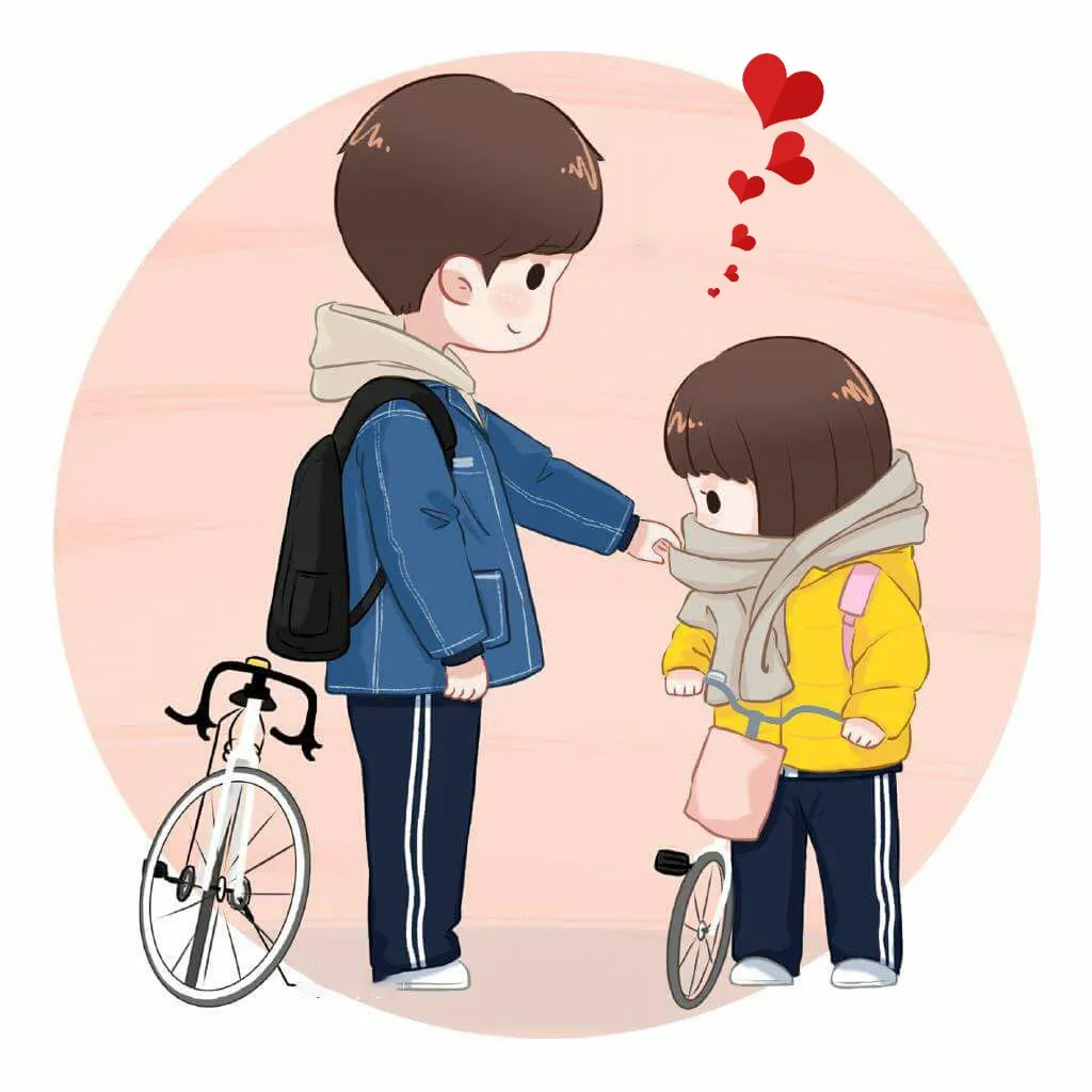 Ảnh chibi đôi với nhân vật nam đang quàng khăn cho bạn gái, với ánh mắt đầy yêu thương