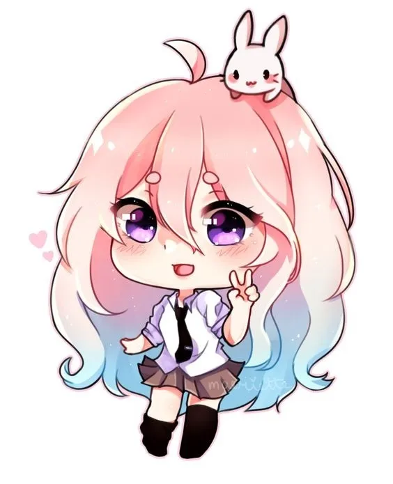 Ảnh chibi nữ học sinh mặc đồng phục giơ hai ngón tay tạo dáng cực kỳ đáng yêu