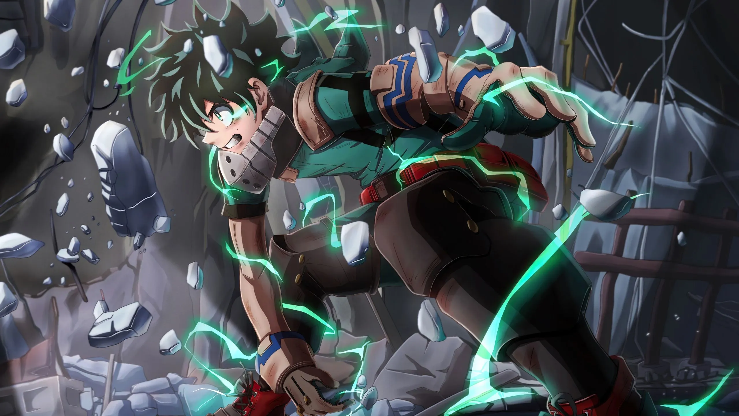 Deku quyền lực với luồng năng lượng xanh rực rỡ, biểu tượng của sức mạnh to lớn