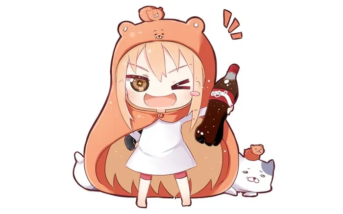 Hình chibi cute nữ đang cầm chai nước ngọt và nháy mắt với người đối diện