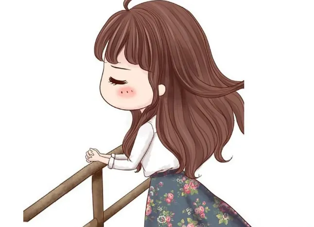 Hình nền chibi nữ buồn đầy tâm trạng đang đứng ở hành lang với khuôn mặt nhiều tâm sự
