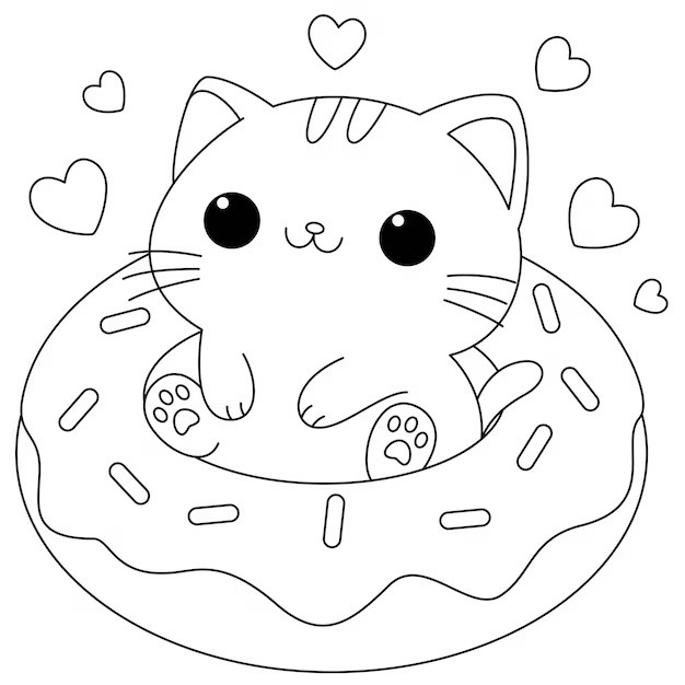 Tranh tô màu hình con mèo cute ngồi trên cái phao